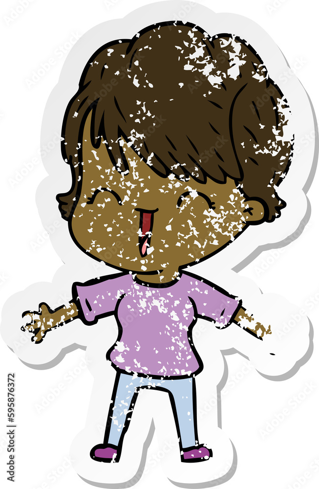 distressed sticker of a cartoon laughing woman distressed sticker of a cartoon laughing woman