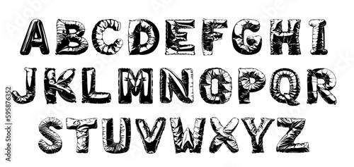 Balloon style font with jacket like texture. Black and white puffy alphabet  English uppercase letters  vector graphic design