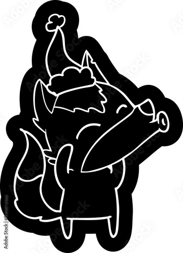 howling wolf quirky cartoon icon of a wearing santa hat