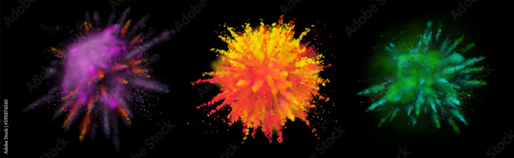 Paint powder explosion on black background. Colorful dust explode for celebration or holiday design poster, banner, leaflet Paint powder explosion on black background. Colorful dust explode for celebration or holiday design poster, banner, leaflet