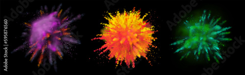 Paint powder explosion on black background. Colorful dust explode for celebration or holiday design poster, banner, leaflet