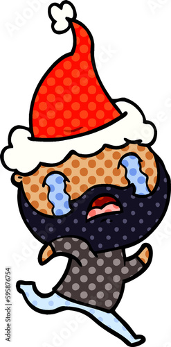 hand drawn comic book style illustration of a bearded man crying wearing santa hat