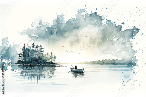 Illustration of a serene lake with a small boat, blue and grey colors, orange for the boat. An impression of movement and serenity for a calm and soothing atmosphere. Generative AI