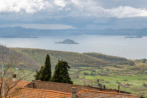Aerial panorama of Lake Bolsena from Montefiascone, Italy, including Martana and Bisentina Islands