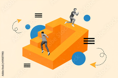 Creative collage picture of two mini black white gamma people run endless cycle use smart phone isolated on beige background