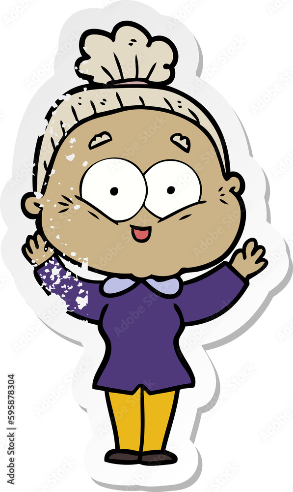 distressed sticker of a cartoon happy old woman distressed sticker of a cartoon happy old woman
