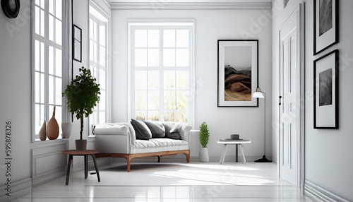 Livingroom interior wall mock up with gray fabric sofa and pillows on white background with free space