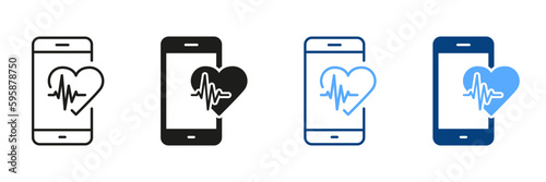 Healthcare Technology Black and Color Symbol Collection. Heartbeat Rate in Smart Phone Line and Silhouette Icon Set. Mobile App for Sport. Heart Pulse Control. Isolated Vector Illustration