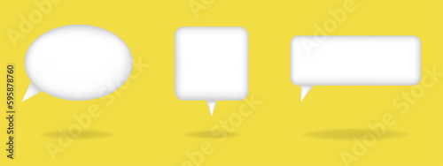 Vector set of 3d speech bubbles. White message dialog balloons on yellow background. 3d chat icons with shadow under them. Talking or chatting boxes.