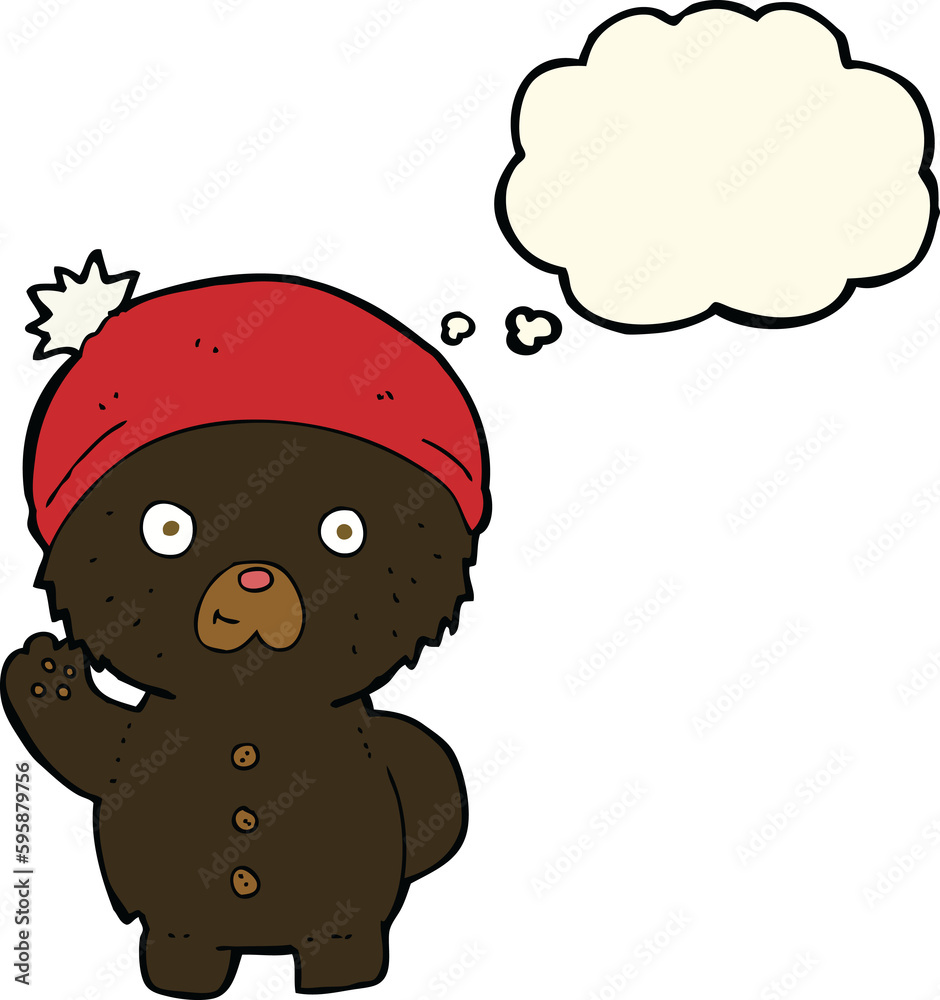 cartoon waving black teddy bear in winter hat with thought bubble cartoon waving black teddy bear in winter hat with thought bubble
