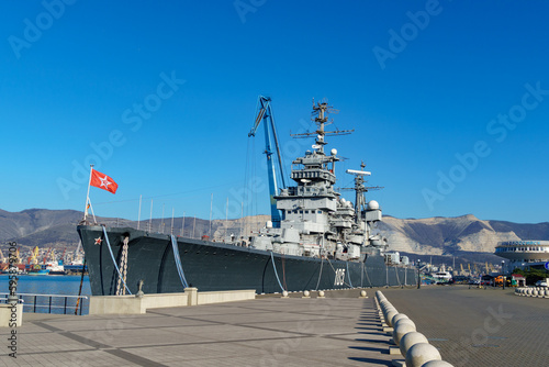 Cruiser Mikhail Kutuzov the famous sightseeing of Novorossiysk. Warship is museum ship now. Novorossiysk, Russia - December 20, 2022 photo
