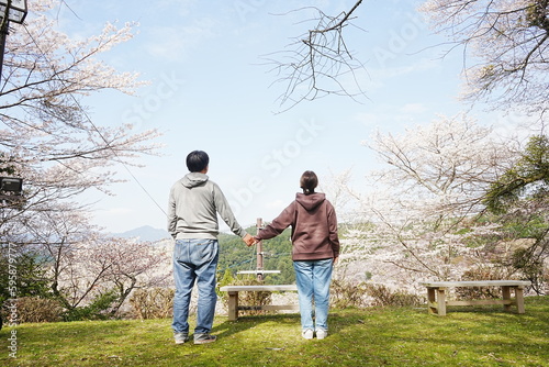Couple Holding Hands over Pink Sakura or Cherry Blossoms Flower Background. Yoshino-yama or Mount Yoshino in Nara, Japan. Image of Spring Season - 日本 奈良 吉野山 桜 手をつなぐカップル