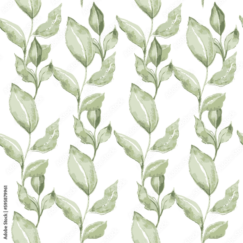 Spring background with green leaves seamless pattern. Vector illustration. watercolor background