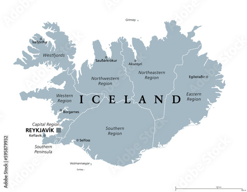 Regions of Iceland, gray political map, with capital Reykjavik. Eight regions and their seats, used for statistical purposes. Nordic island country in Atlantic Ocean. Isolated illustration. Vector.