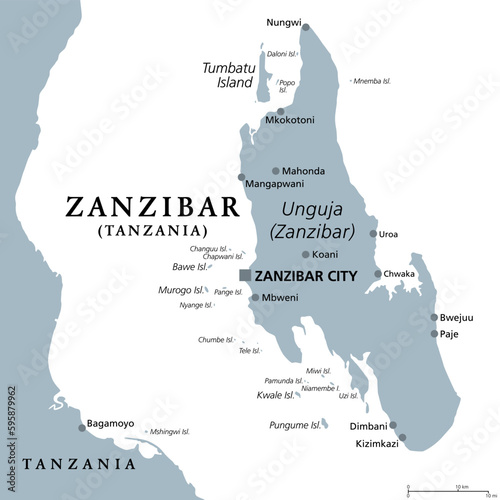 Zanzibar Island, Unguja, Tanzania, gray political map. Largest, most populated island of the Zanzibar Archipelago in the Indian Ocean separated from the African mainland. Isolated illustration. Vector