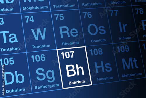 Bohrium, on the periodic table. Radioactive, synthetic transactinide element, with element symbol Bh and atomic number 107. Named after the Danish physicist Niels Bohr. Element without commercial use.