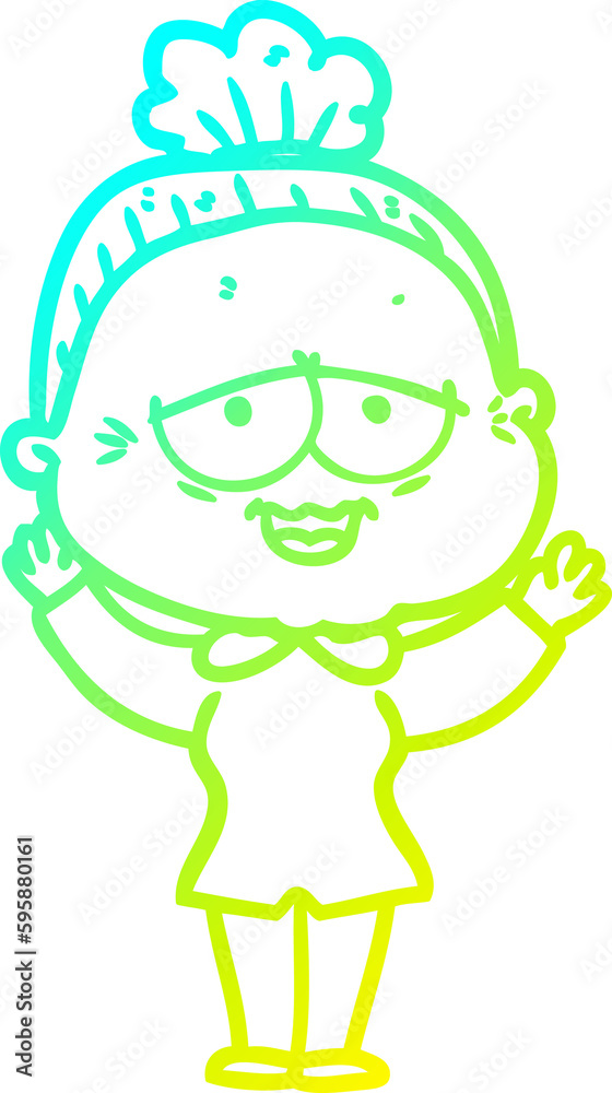 cold gradient line drawing of a cartoon happy old lady