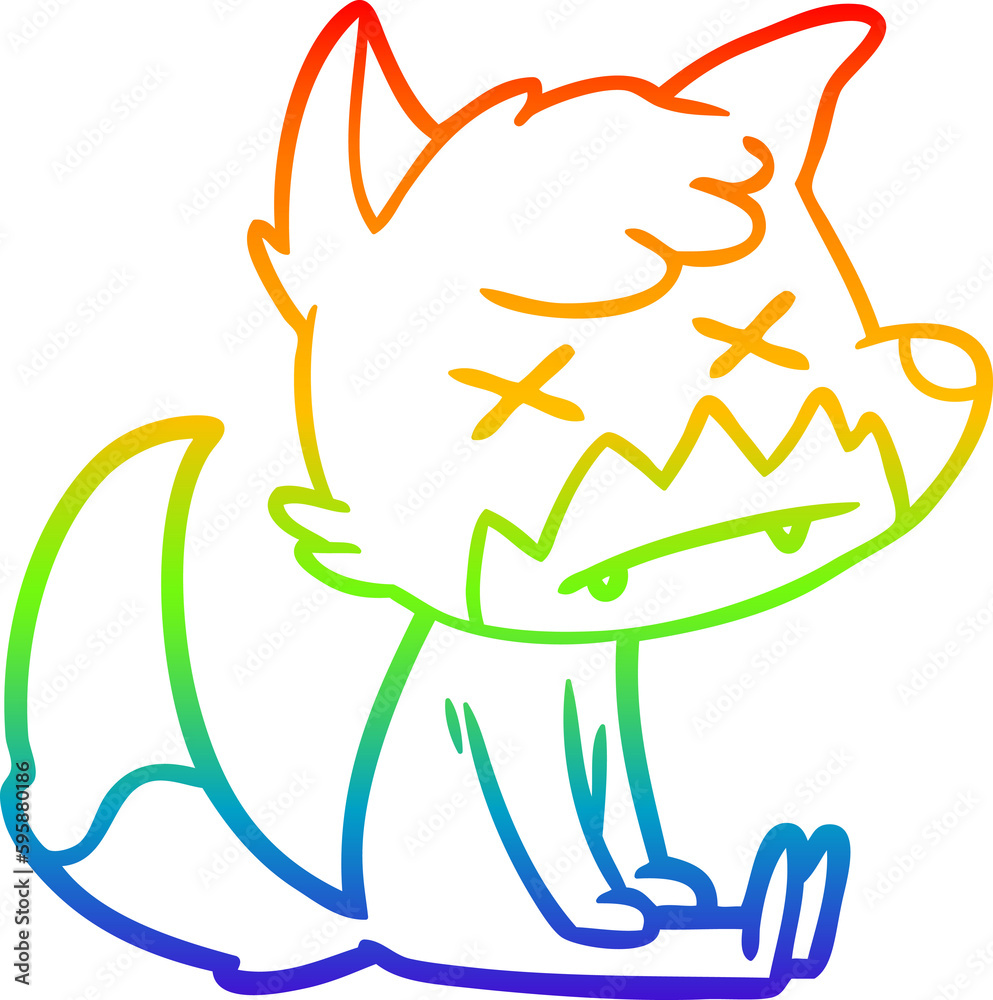 rainbow gradient line drawing of a cartoon dead fox