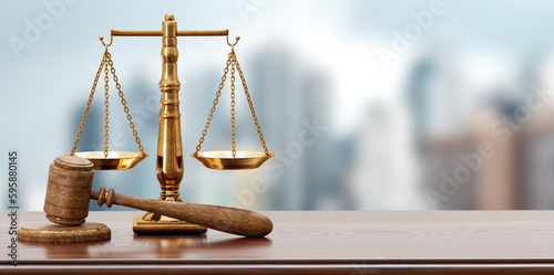 Fotografie, Obraz Legal scales and Judge gavel Symbol of law and justice