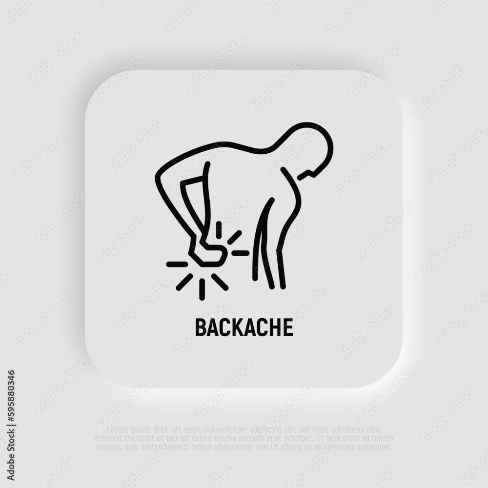 Backache thin line icon. Man touching his back. Osteoporosis, arthritis symptom. Vector illustration.