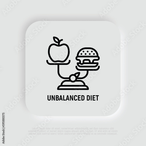 Unbalanced diet: scales with hamburger and apple. Unhealthy food. Vector illustration.
