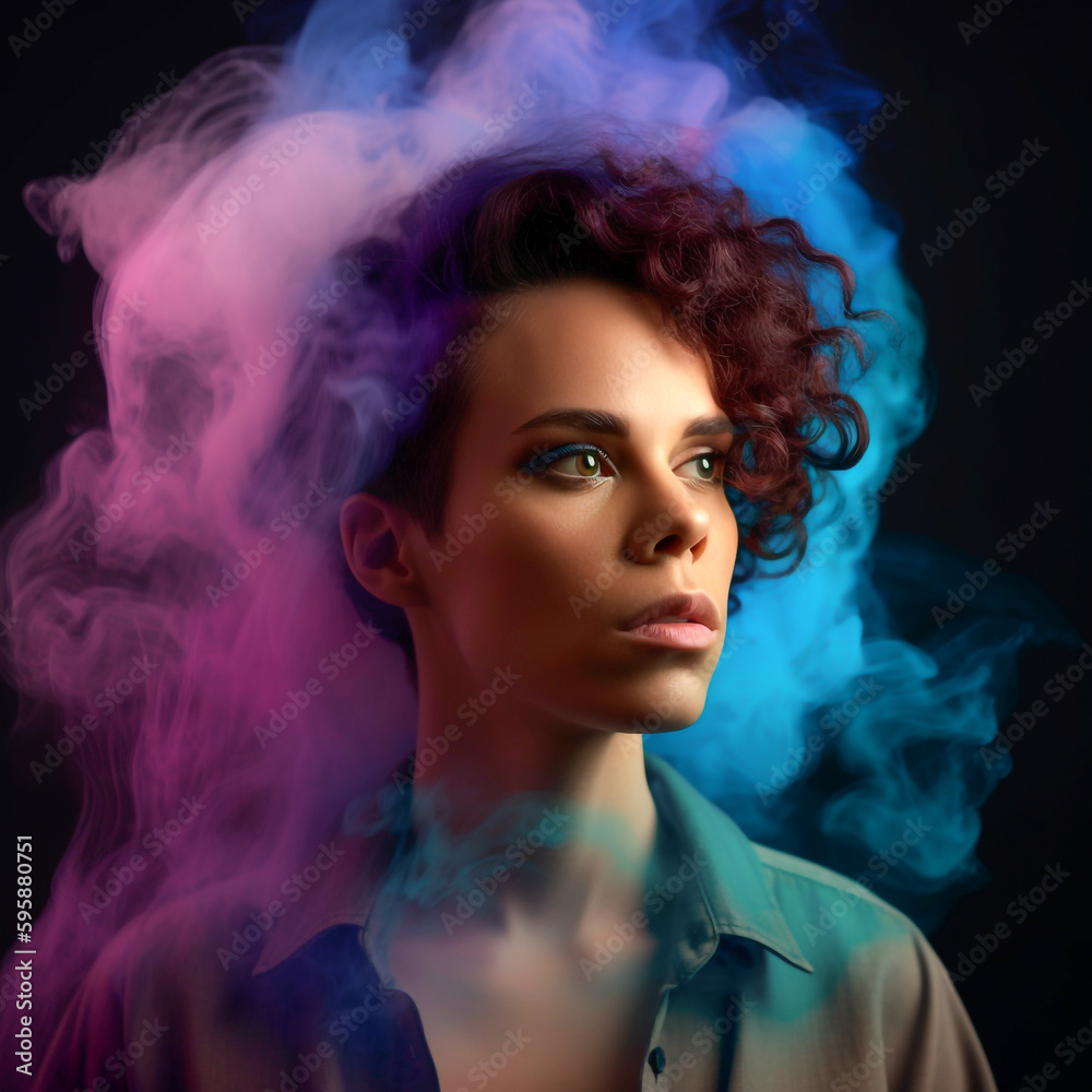 AI Illustration of portrait of gay and non binary identity person with purple smoke. Portrait of gay pride