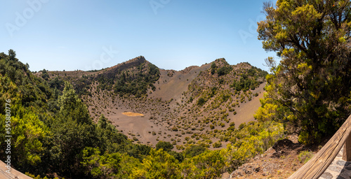Panoramic of the Fireba volcano from La Llania park in El Hierro, Canary Islands. Next to El Brezal the humid forest photo