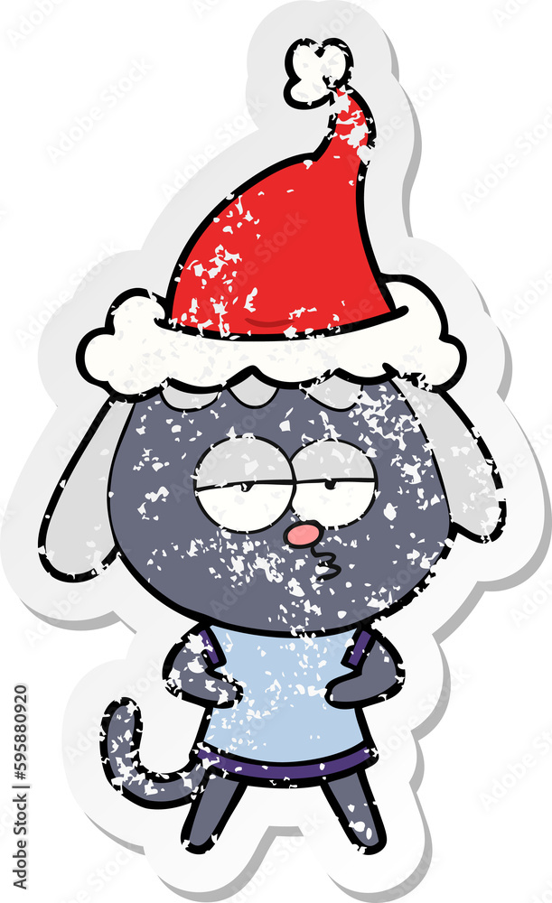 hand drawn distressed sticker cartoon of a bored dog wearing santa hat hand drawn distressed sticker cartoon of a bored dog wearing santa hat