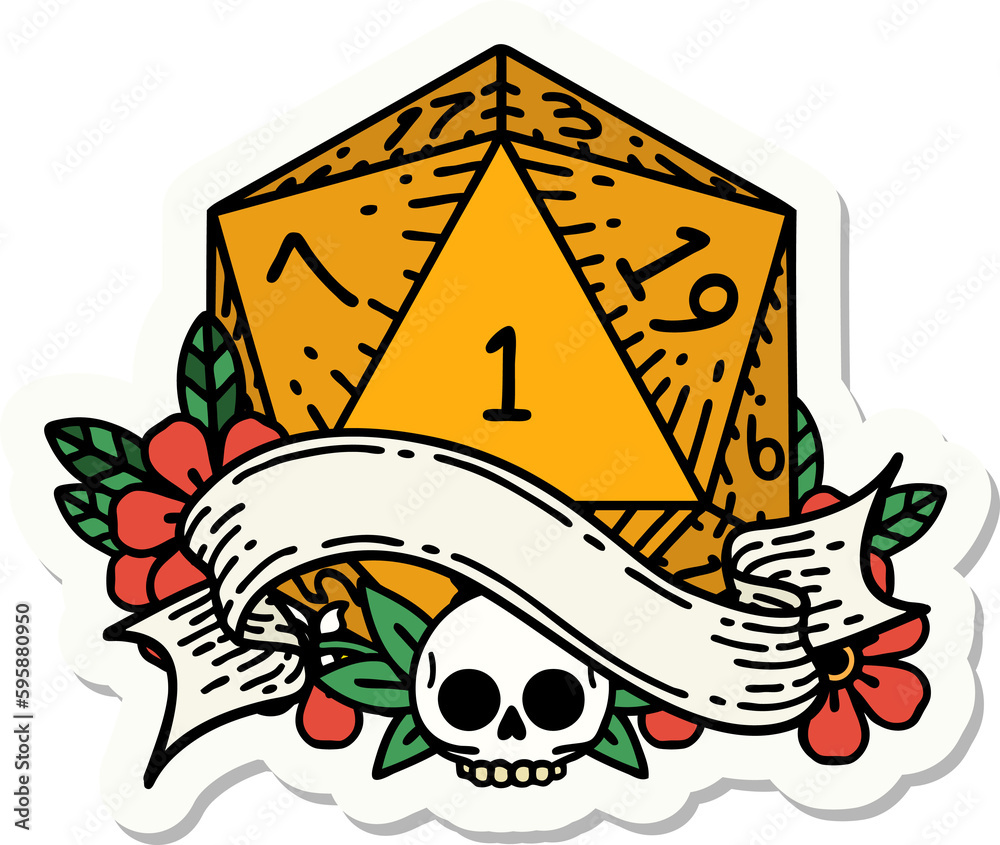 sticker of a natural one d20 dice roll