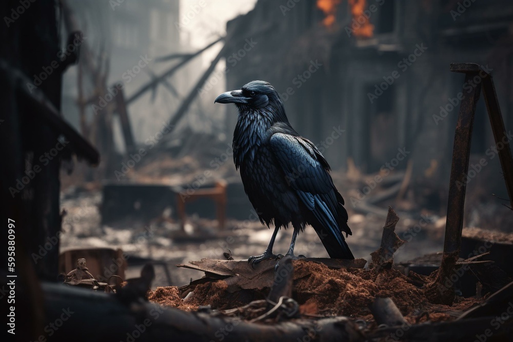 Obraz premium A striking depiction of a raven in a ruined world, ideal for environmental and disaster themes. Generative AI