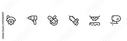 power tools icon set, drill machine, electric planer, impact wrench driver, angle grinder tools editable Stroke line icons and Suitable for Web Page, Mobile App, UI, UX design.