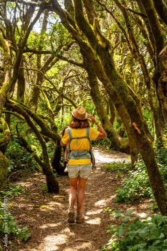 A young girl walking in El Brezal the humid forest park of La Llania in El Hierro, Canary Islands. Laurissilva El Hierro in the lush green landscapes photo