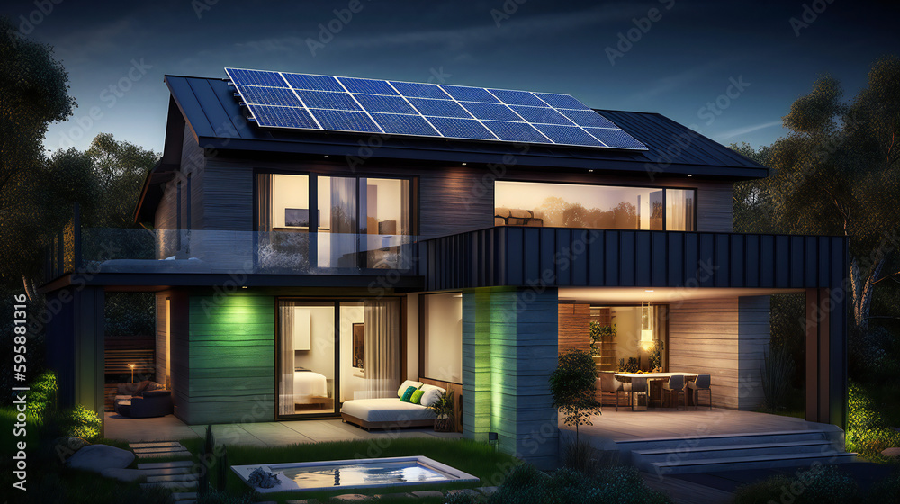 Fototapeta premium Solar home and solar panels on it. Generative AI