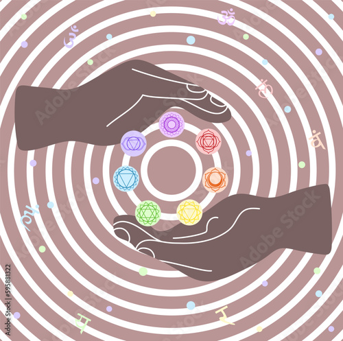 Hands holding seven chakras in the circle. Rainbow mandalas modern vector illustration.