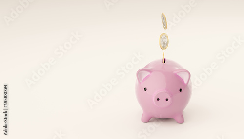 Piggy bank and euro coins. Coins falling to pink piggy. Saving , Financial and money deposit concept. Target investment goals. Funds, Economy, Savings, budgeting, financial planning. 3d illustration