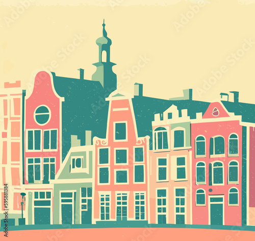 retro art, dutch city, Amsterdam, vector art, pastel colors.