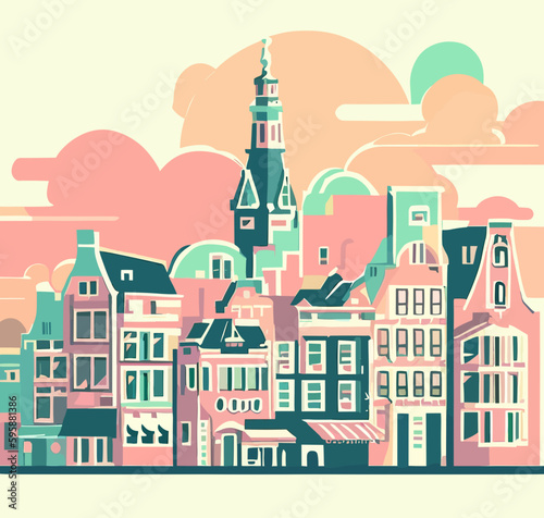 retro art, dutch city, Amsterdam, vector art, pastel colors.
