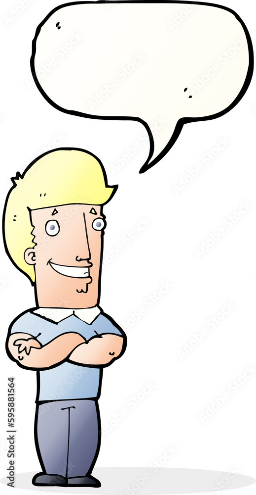 cartoon man with folded arms grinning with speech bubble cartoon man with folded arms grinning with speech bubble