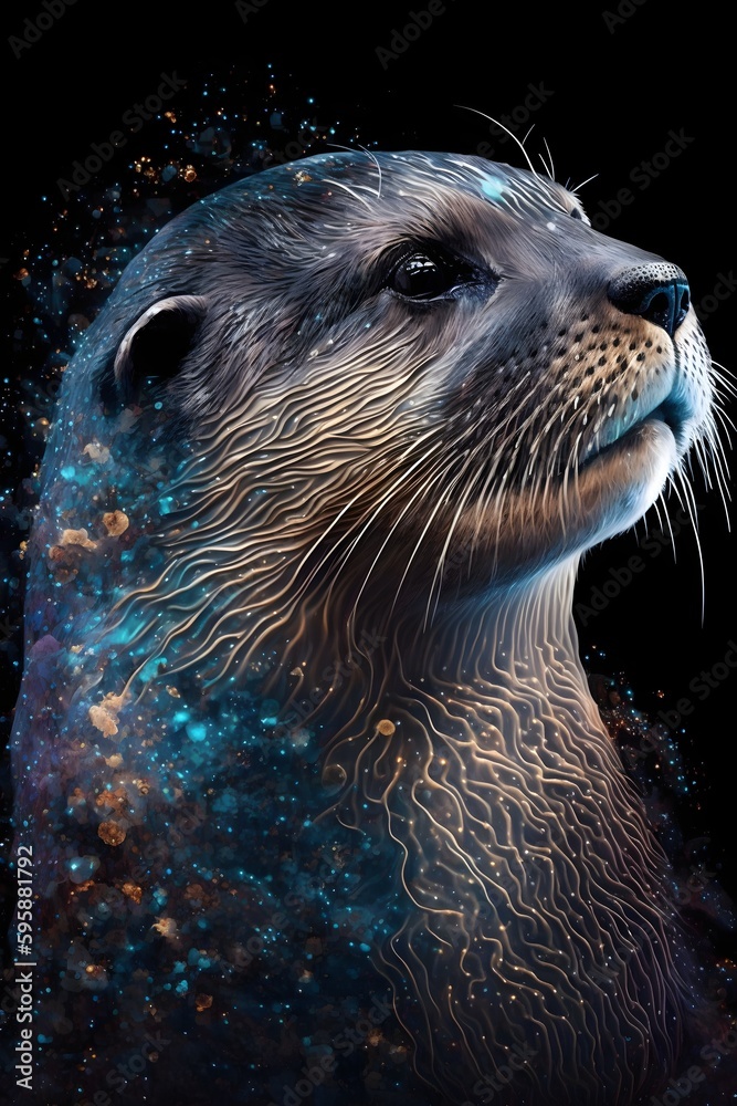 Lovely otter looking up towards the sky, with its head held high Lovely otter looking up towards the sky, with its head held high