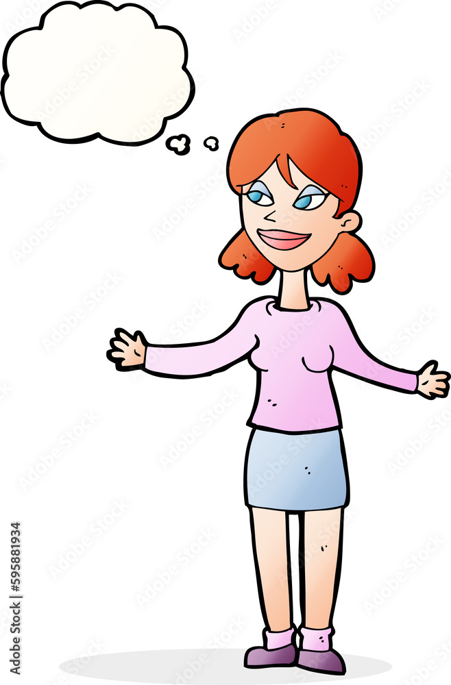 cartoon happy woman shrugging shoulders with thought bubble cartoon happy woman shrugging shoulders with thought bubble