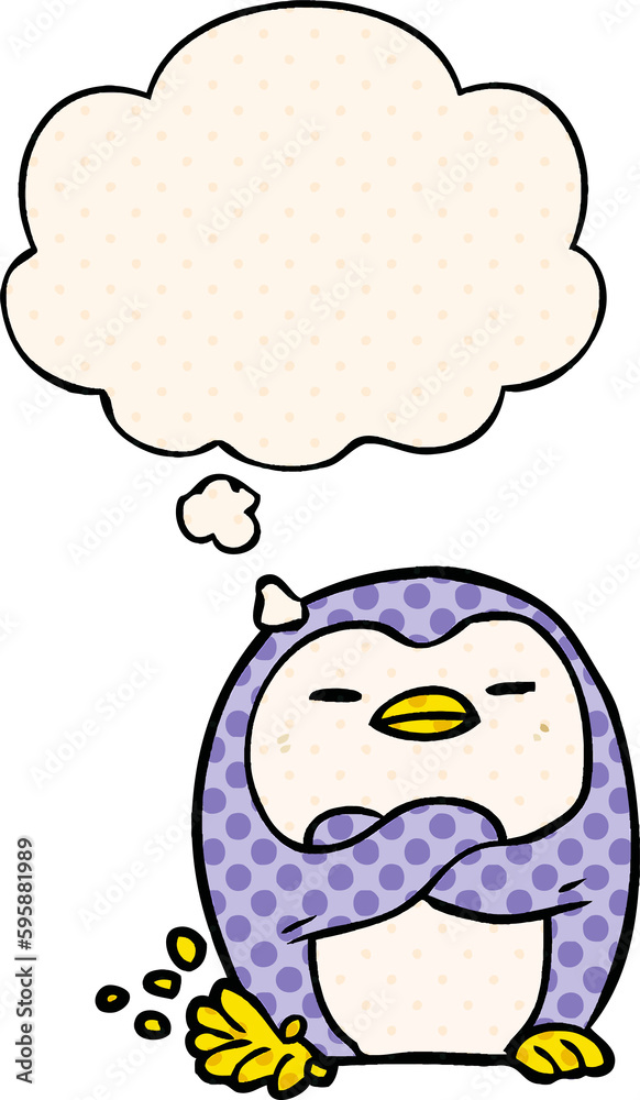 cartoon penguin tapping foot with thought bubble in comic book style cartoon penguin tapping foot with thought bubble in comic book style