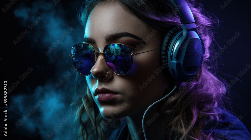 A beautiful girl in headphones listens to music, enjoying it created with generative AI technology