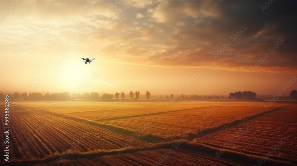 Drone flying over farm and field created with generative AI technology