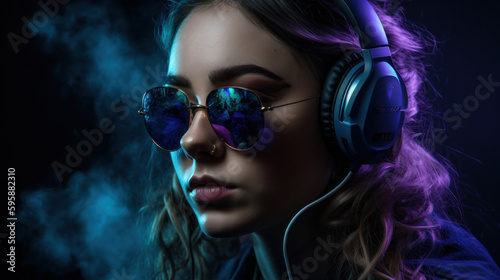 A beautiful girl in headphones listens to music, enjoying it created with generative AI technology
