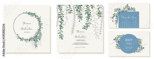 Rustic square wedding invitations with floral wreaths hanging down blue wildflowers with thank you cards. Vector template