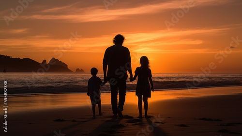 Silhouettes of happy family on the beach before sunset created with generative AI technology © Neuroshock