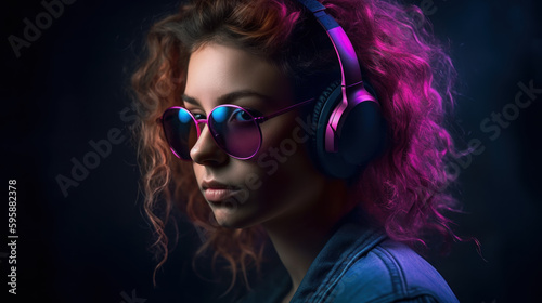 A beautiful girl in headphones listens to music, enjoying it created with generative AI technology © Neuroshock