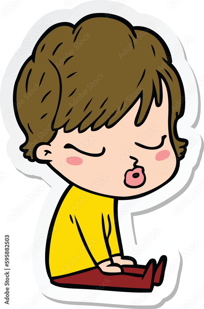 sticker of a cartoon woman with eyes shut