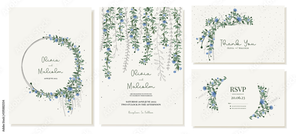 Rustic wedding thank you card and invitation templates with dangling vines, leaves and blue flowers in natural colors. Vector