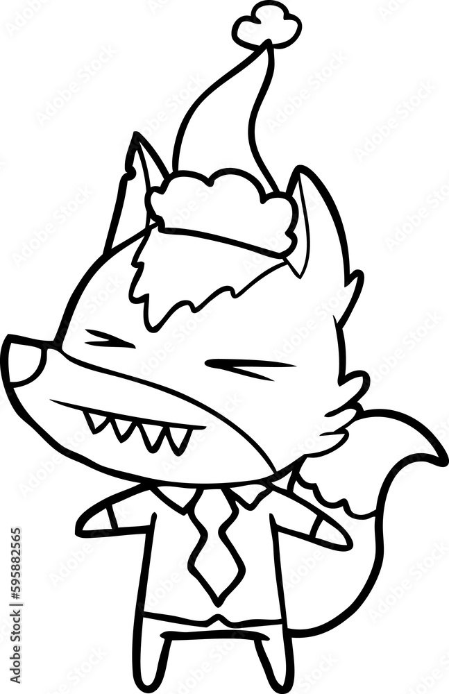 angry wolf boss hand drawn line drawing of a wearing santa hat angry wolf boss hand drawn line drawing of a wearing santa hat